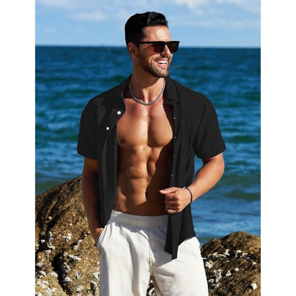 Men's Black Linen Short Sleeve Button Down Casual Shirt Business Dress - Picture 2 of 6